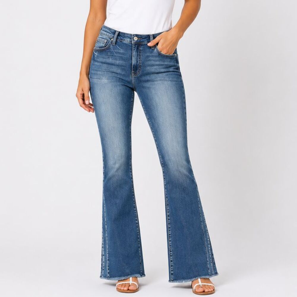Kancan High Rise Flare Jeans Women's 15/31 Medium Wash Raw Hem NWT Stretch